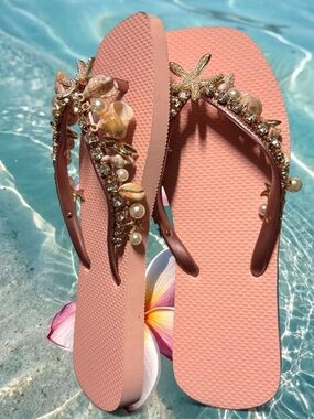 Embellished Pink Beach Flip Flops with Shell & Pearl Accents